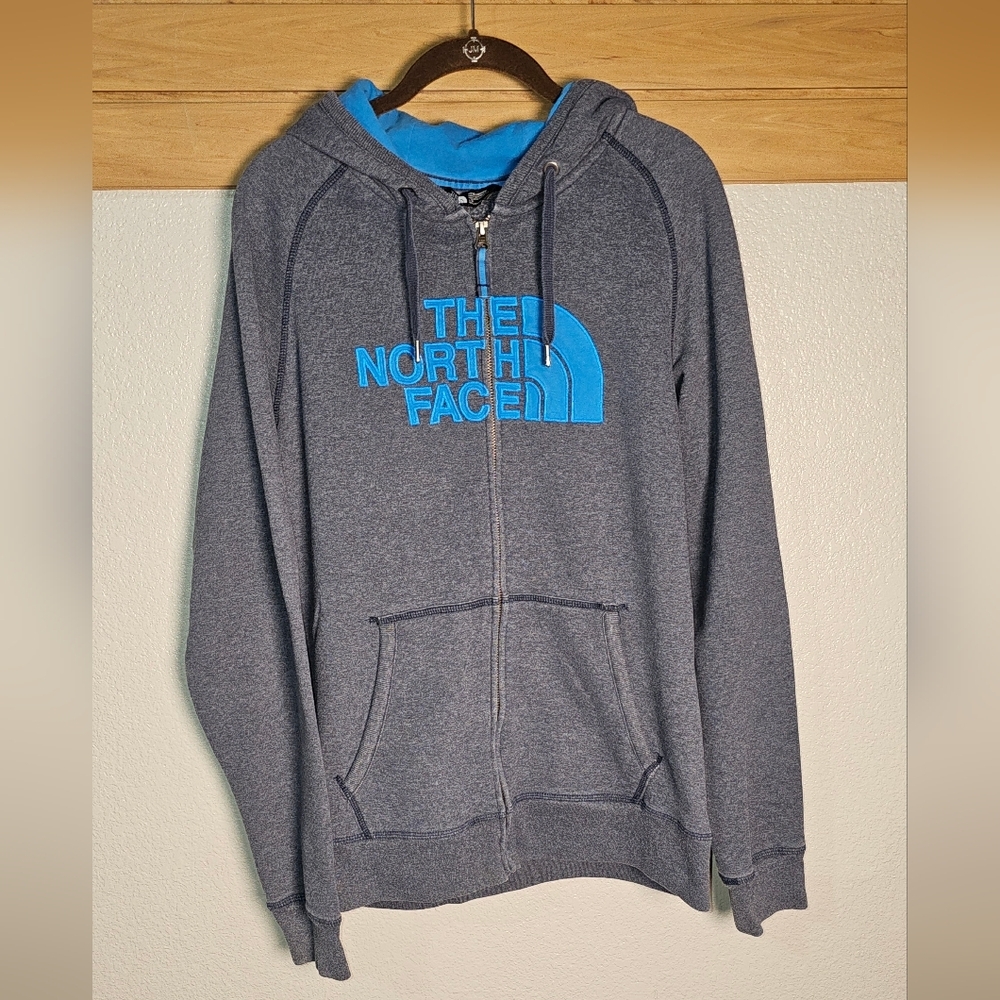 North Face Gray and Blue Hoodie Zip Up, Front Pockets, Mens LG - Picture 4 of 9